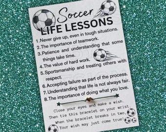 Soccer LIFE LESSONS Card, Wish Bracelet, Soccer Gifts, End Of Season Soccer Gift, Soccer Player Team Gift, Soccer Team Player Party Favors