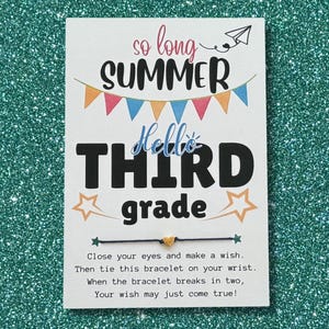 So long SUMMER Hello THIRD grade Card - Wish Bracelet, 3rd Grade Gift, First Day of School Gift, Back to School Gift, Third Grade Class Gift
