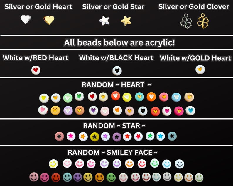 Peut inclure: Une s&eacute;lection de perles acryliques de diff&eacute;rentes formes et couleurs, notamment des c&oelig;urs, des &eacute;toiles, des tr&egrave;fles et des visages souriants. L'image comprend du texte indiquant que les perles sont en acrylique et propose des finitions argent&eacute;es ou dor&eacute;es.