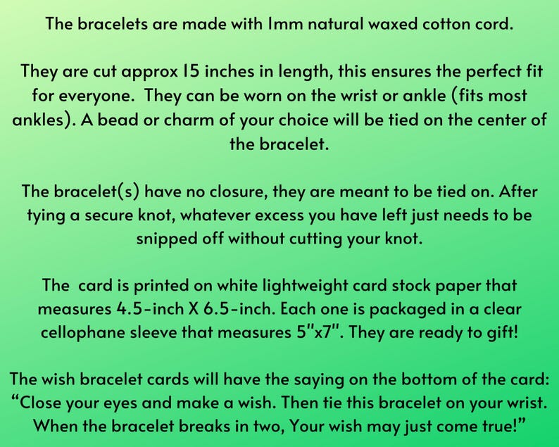 Peut inclure: Texte sur fond vert d&eacute;crivant des bracelets de v&oelig;ux en cordon de coton cir&eacute; naturel, coup&eacute;s &agrave; 38 cm. Les bracelets sont nou&eacute;s et peuvent &ecirc;tre port&eacute;s au poignet ou &agrave; la cheville. La carte mesure 11,4 cm x 16,5 cm et est emball&eacute;e dans une pochette de 12,7 cm x 17,8 cm.