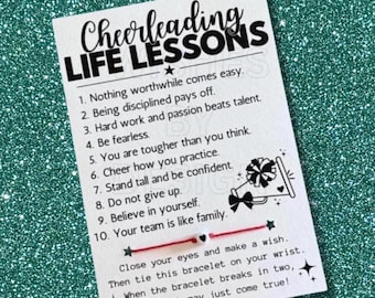 Cheerleading LIFE LESSONS Card, Wish Bracelet, Cheerleading Gifts, Cheerleader Squad Team Gift, Cheer Team Gifts, Cheerleader Party Favors