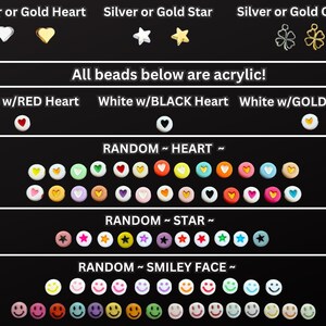 May include: A variety of acrylic beads in heart, star, and smiley face designs. The image includes silver and gold heart, star, and clover beads. Text on the image reads "All beads below are acrylic!"