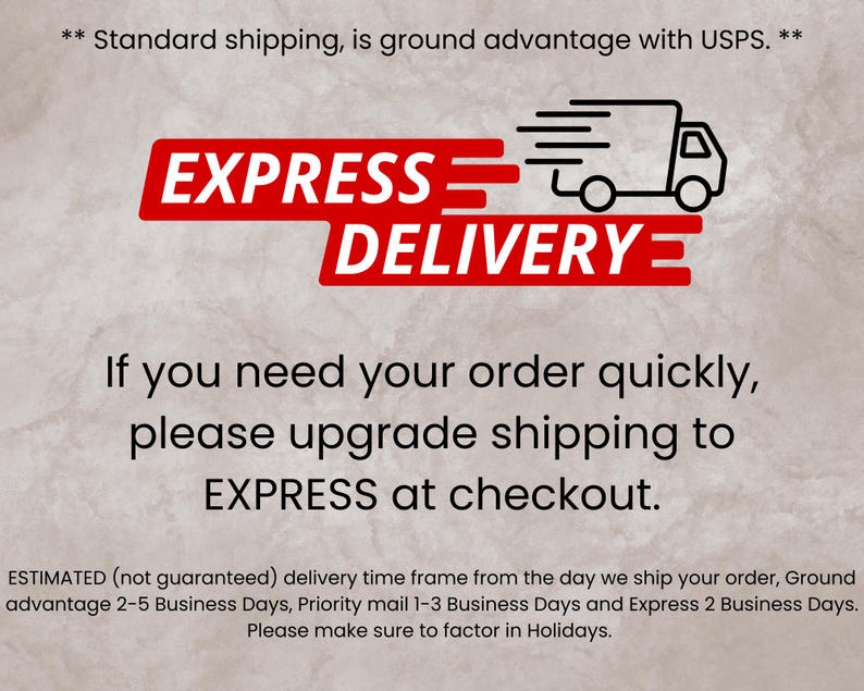 May include: A graphic with the words "EXPRESS DELIVERY" in red and white, accompanied by a black truck illustration. The text advises upgrading shipping for quick delivery at checkout.