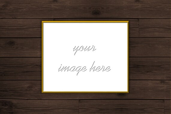 Gold Frame Mockup Dark Wood Background Simple