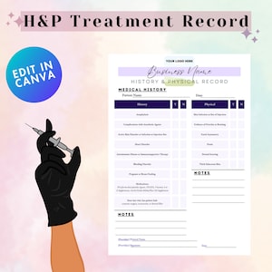 May include: A printable medical history and physical record form with a purple and white color scheme. The form includes sections for patient name, date, history, physical, and notes. The form is titled "H&P Treatment Record" and "Business Name".