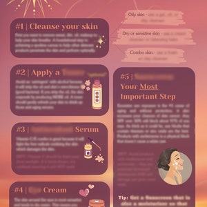 May include: A pink and orange illustrated guide to a skincare routine with the text "SKINCARE Routine Morning" at the top. The steps include cleanse, apply a toner, serum, cream, and sunscreen. The text "LIVE BY THE SUN AK Inspired" is at the bottom.