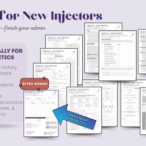 New injector paperwork bundle showing plug-and-play medical aesthetics forms, including intake, medical history, questionnaire, treatment plan, Botox and filler consents, HIPAA, photo release, invoice, and aftercare.