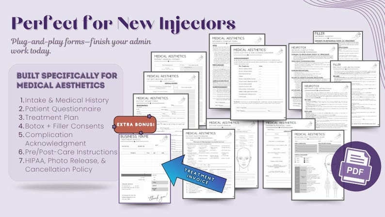 New injector paperwork bundle showing plug-and-play medical aesthetics forms, including intake, medical history, questionnaire, treatment plan, Botox and filler consents, HIPAA, photo release, invoice, and aftercare.