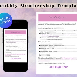 May include: A pink and purple gradient background with a white template for a monthly membership program. The template includes the text "Monthly Membership Template", "Edit in Canva", "Membership Name", and "Add Logo Here". The template is designed to help businesses create a membership program with details about pricing, benefits, and how to join.