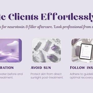 Printable client education and aftercare handouts for neurotoxin and dermal filler treatments, including hydration, sun protection, and follow-up instructions to create a polished med spa client experience.
