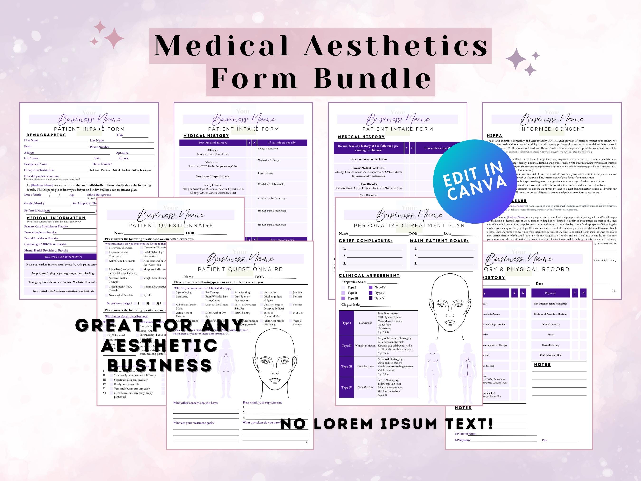 Editable Med Spa Paperwork Bundle | Instant Download Intake, SOAP Notes, Client Questionnaire  Treatment Forms | Aesthetic Service Templates