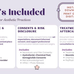What’s Included slide for injectables paperwork templates, grouped into patient intake and screening, consent and risk disclosure, treatment records, aftercare, printable PDFs, fillable digital forms, and instant download access.