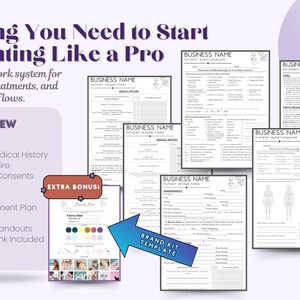 Digital med spa paperwork bundle preview with patient intake form, medical history, questionnaire, informed consent, treatment plan, invoice, PDF file, and Canva brand kit template for new injectors and aesthetic clinics.