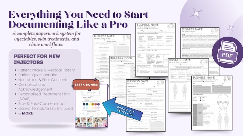 Digital med spa paperwork bundle preview with patient intake form, medical history, questionnaire, informed consent, treatment plan, invoice, PDF file, and Canva brand kit template for new injectors and aesthetic clinics.