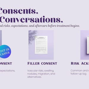 Clear consent forms for aesthetic treatments, showing neurotoxin consent, filler consent, and risk acknowledgment pages to support informed consent, patient education, expectations, and professional client communication.