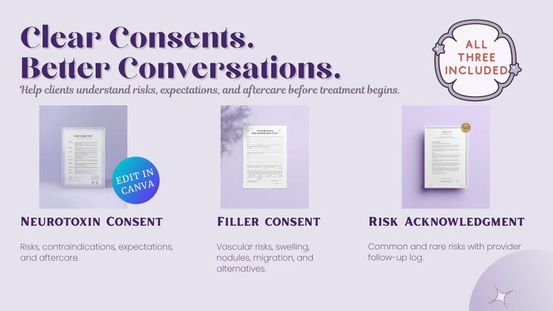 Clear consent forms for aesthetic treatments, showing neurotoxin consent, filler consent, and risk acknowledgment pages to support informed consent, patient education, expectations, and professional client communication.