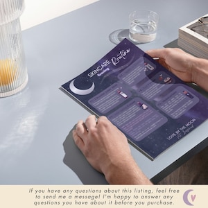 May include: A printable skincare routine guide with a purple and black starry night background. The guide includes a list of steps with illustrations of skincare products. The text reads "SKINCARE Routine featuring LOVE BY THE MOON by Inspired"