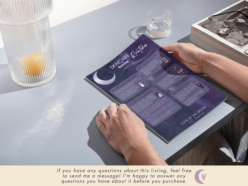 May include: A printable skincare routine guide with a purple and black starry night background. The guide includes a list of steps with illustrations of skincare products. The text reads "SKINCARE Routine featuring LOVE BY THE MOON by Inspired"