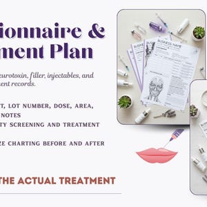 Questionnaire and treatment plan templates for med spas, including neurotoxin, filler, injectables, and chemical peel treatment records to help organize charting, product details, treatment areas, and provider notes.