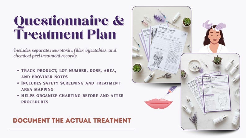 Questionnaire and treatment plan templates for med spas, including neurotoxin, filler, injectables, and chemical peel treatment records to help organize charting, product details, treatment areas, and provider notes.