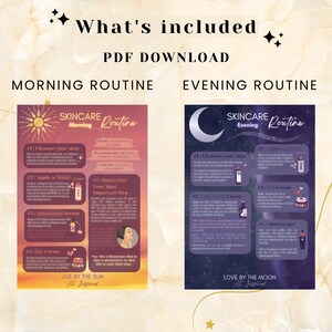 May include: Two printable skincare routine charts with a pink and purple background. The morning routine chart features a sun and the evening routine chart features a moon. Both charts list steps for a skincare routine with illustrations of skincare products.