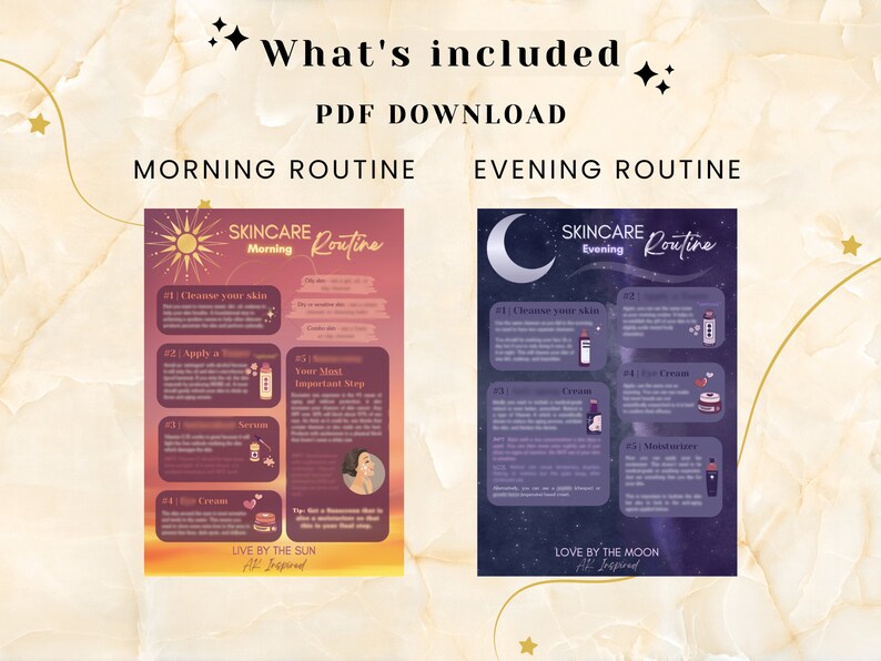 May include: Two printable skincare routine charts with a pink and purple background. The morning routine chart features a sun and the evening routine chart features a moon. Both charts list steps for a skincare routine with illustrations of skincare products.