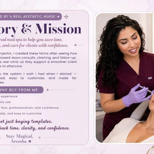 Creator story slide for AK Inspired injectables paperwork bundle, showing a real aesthetic nurse injector with a patient and explaining that the med spa forms were created from real clinic workflows to save time and support confident client care.