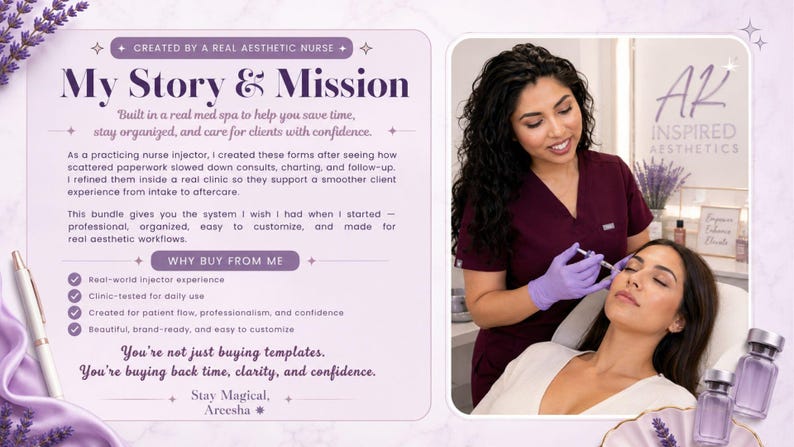 Creator story slide for AK Inspired injectables paperwork bundle, showing a real aesthetic nurse injector with a patient and explaining that the med spa forms were created from real clinic workflows to save time and support confident client care.
