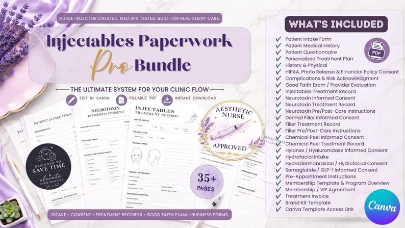 Injectables Paperwork Pro Bundle for med spas and aesthetic providers, shown with editable Canva templates and fillable PDF forms for intake, consent, good faith exam, treatment records, aftercare, business forms, and clinic workflow.