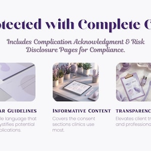 Medical aesthetics consent and risk disclosure form templates, including complication acknowledgment, weight loss consent, chemical peel forms, and patient education pages for professional med spa documentation.