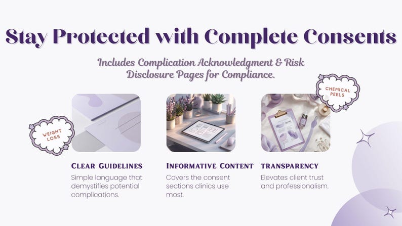 Medical aesthetics consent and risk disclosure form templates, including complication acknowledgment, weight loss consent, chemical peel forms, and patient education pages for professional med spa documentation.