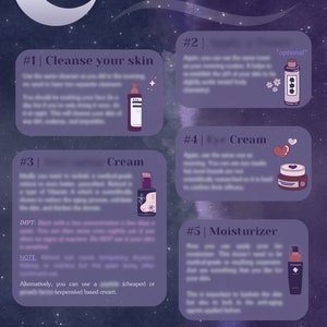 May include: A purple and white illustrated guide to a skincare routine with the text "SKINCARE Routine" and "LOVE BY THE MOON AR Inspired". The guide includes five steps: cleanse, tone, cream, eye cream, and moisturizer. Each step is illustrated with a bottle of product.