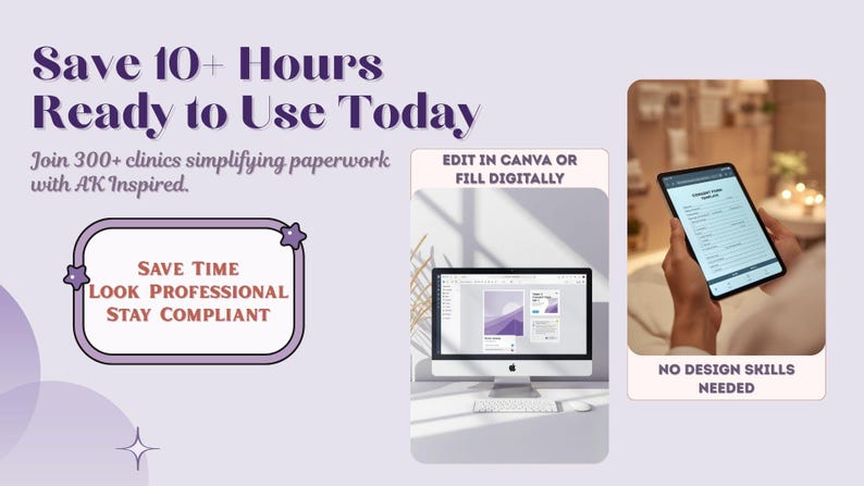 Ready-to-use med spa paperwork templates designed to save setup time, with editable Canva forms and fillable PDFs for aesthetic providers who want professional, organized, clinic-ready documentation.