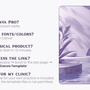 Frequently asked questions for the injectables paperwork bundle, covering Canva editing, free Canva access, digital download format, template link instructions, commercial clinic use, and no physical product shipping.