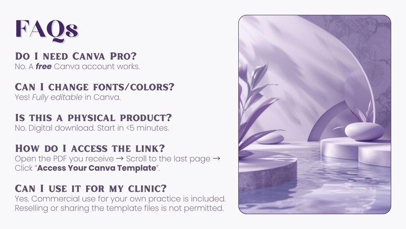 Frequently asked questions for the injectables paperwork bundle, covering Canva editing, free Canva access, digital download format, template link instructions, commercial clinic use, and no physical product shipping.