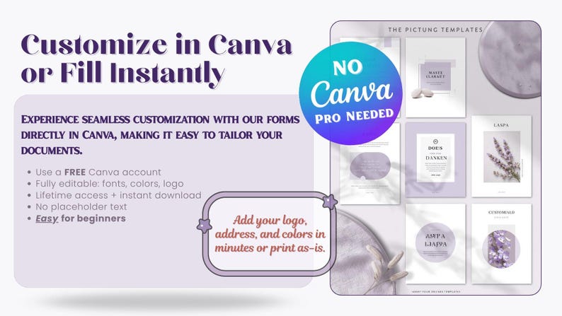 Editable Canva and fillable PDF med spa form templates with no Canva Pro needed, showing customizable branding, instant download access, lifetime use, and beginner-friendly paperwork for aesthetic practices.