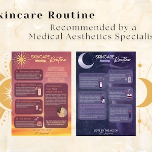 May include: Two illustrated posters with skincare routines for morning and evening. The morning routine is on a purple background with a sun and the text "Live by the sun". The evening routine is on a blue background with a moon and the text "Love by the moon".