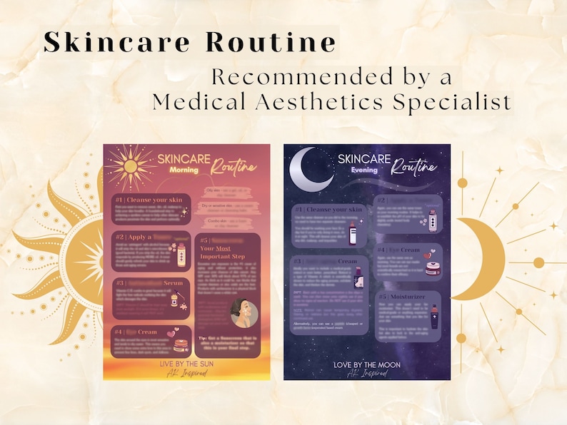 May include: Two illustrated posters with skincare routines for morning and evening. The morning routine is on a purple background with a sun and the text "Live by the sun". The evening routine is on a blue background with a moon and the text "Love by the moon".