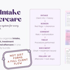 Med spa client workflow system showing intake, screen, consent, treat, document, and follow-up steps with sample forms for organized aesthetic clinic operations, injectables charting, and treatment documentation.