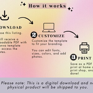 May include: A colorful graphic showing how to download, customize, and print a digital template. The graphic includes a download arrow, a laptop, and a printer. The text reads "How it works", "Download", "Customize", and "Print".