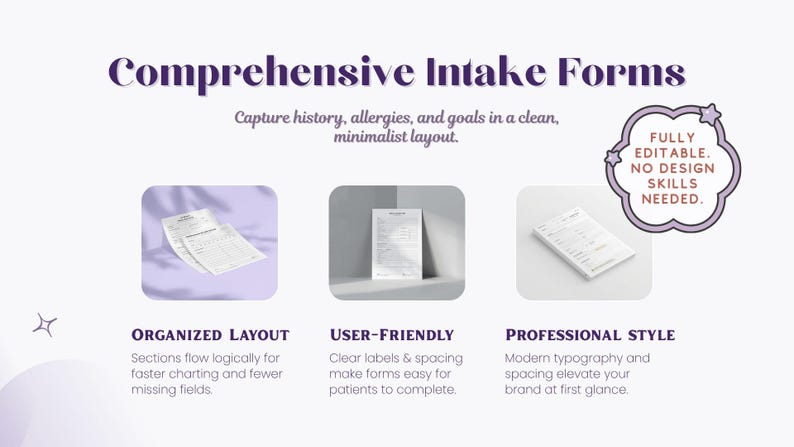 Injectables paperwork bundle for new med spa owners, nurse injectors, and aesthetic providers, featuring fillable PDF and Canva templates for intake, consent, good faith exam, treatment records, aftercare, and clinic workflow.