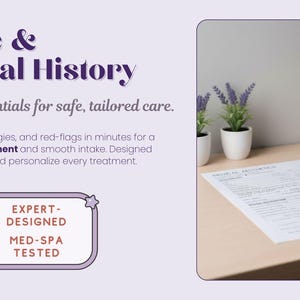 Patient intake and medical history form for aesthetic clinics, designed to collect medications, allergies, contraindications, red flags, treatment goals, and client history before injectables or skin treatments.