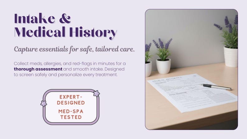 Patient intake and medical history form for aesthetic clinics, designed to collect medications, allergies, contraindications, red flags, treatment goals, and client history before injectables or skin treatments.
