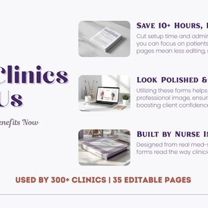 Why clinics love this injectables paperwork bundle, highlighting time-saving templates, polished professional design, nurse injector-created forms, real med spa workflow, and 35 editable pages for aesthetic practices.