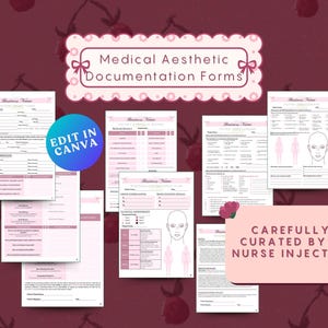 Pode incluir: Um conjunto de formulários de documentação estética médica imprimíveis, projetados para uso por um(a) enfermeiro(a) injetor(a). Os formulários são rosa e branco e apresentam um design floral. O texto "Edit in Canva" é visível em um círculo azul. O texto "Carefully Curated by a Nurse Injector" é visível em um retângulo rosa.