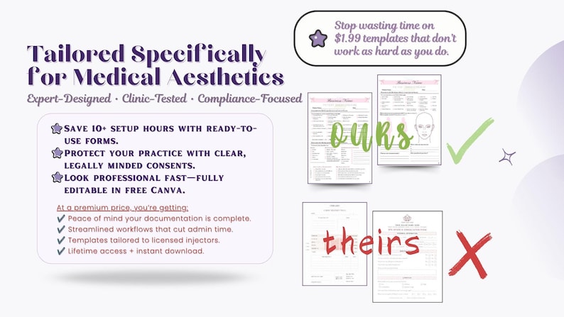 Comparison chart for AK Inspired med spa templates versus generic aesthetic forms, highlighting clinic-tested, expert-designed, brand-ready, customizable, and efficiency-focused paperwork for injectors and med spa owners.