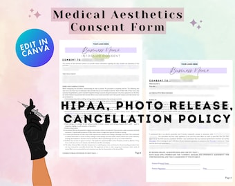 Bundel esthetiekvorm: toestemming, HIPAA, vrijgeven van foto, annulering (digitale download)