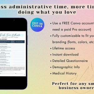 May include: A mobile phone screen displaying a patient intake form for Fresh Face Bethesda. The form includes a medical history section with a list of conditions. The text on the screen reads "Fresh Face Bethesda Patient Intake Form Medical History". The phone is on a pink and blue background with the text "Less administrative time, more time doing what you love" at the top and "Perfect for any small business owner" at the bottom.