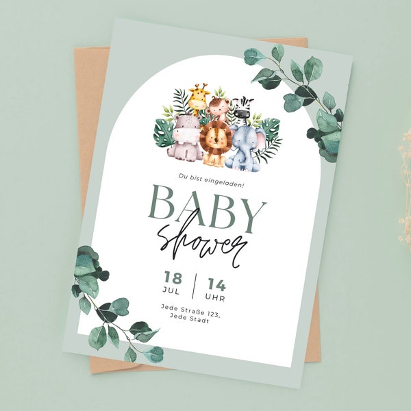 Sage Green Baby Shower Invitation, Gender Neutral Baby Shower, Greenery Animal Invitation Printable Template, Einladung Babyparty, Babyparty