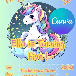 Unicorn Birthday Invite - Canva Editable - Kid&#39;s Birthday - Girl Party 4x6